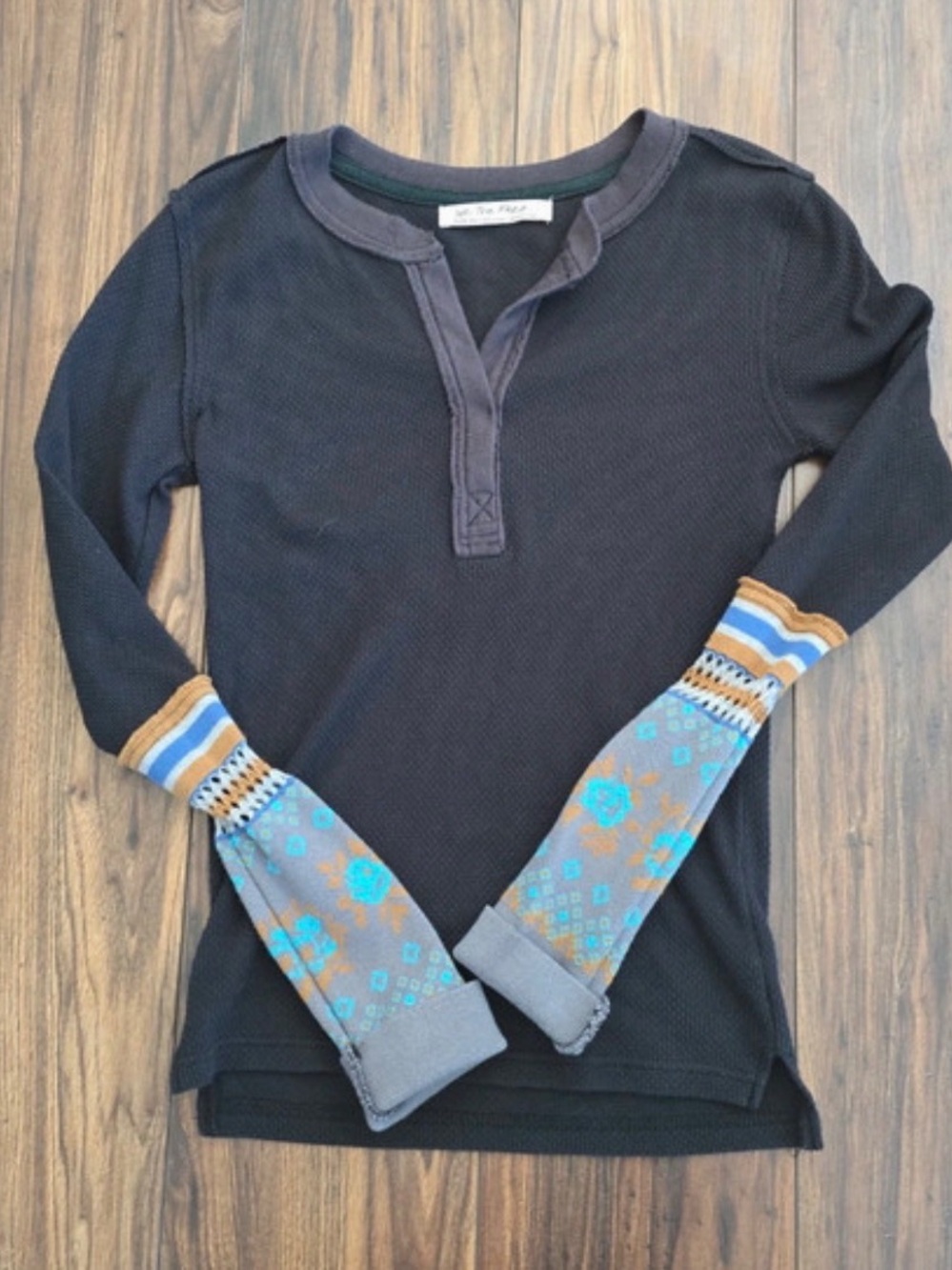 Free People Black Waffle-Knit Henley Top